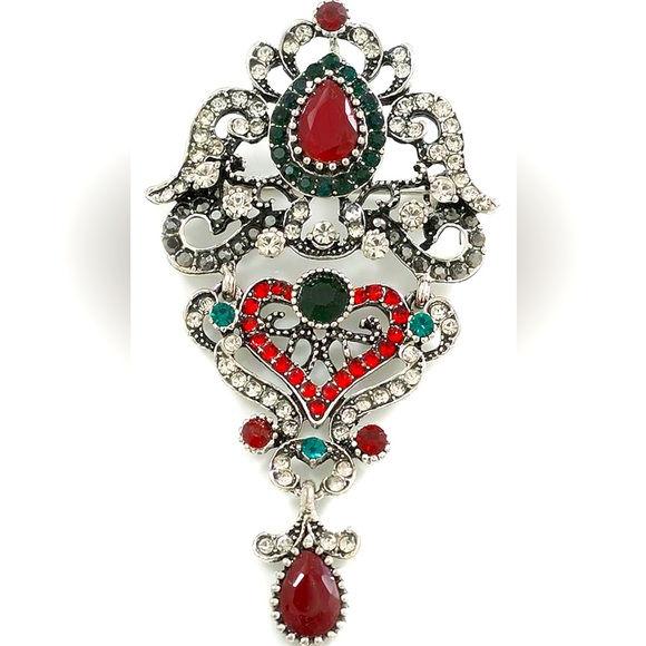 Victorian Jewelry - Victorian, Baroque, Gothic Crystal Flower in Aged Silver Tone Brooch, Lapel Pin